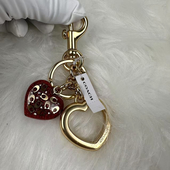 Coach Signature C Heart Bag Charm Keychain Key Fob Gold / Red CW488 NWT - Picture 2 of 5